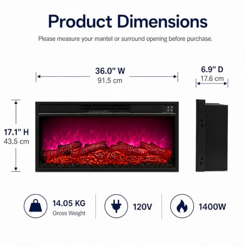 36-Inch Electric Fireplace Insert Heater with Remote & Timer - 36" Remote Control