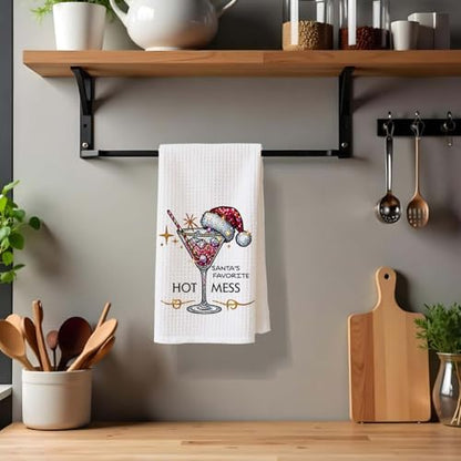 White Christmas Cocktail Kitchen Towels - Santa Hat Martini Glass Decorative Hand Towels, Fun Holiday Dish & Bath Decor, 16x24 Inch - Variation of THIS listing