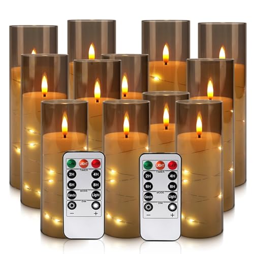Grey Flickering Flameless Candles Set of 12 with Remote - Realistic Moving Wick
