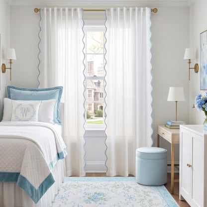Light Blue and White Scalloped Curtains 50W x 63L Set - Semi-Sheer Drapes for Bedroom & Living Room
