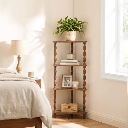 Corner Shelf Wooden 4-Tier Rustic Brown - Space Saving Corner Bookcase