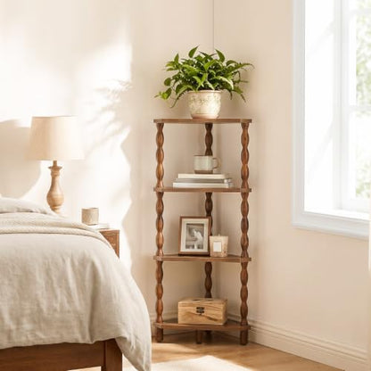 Corner Shelf Wooden 4-Tier Rustic Brown - Space Saving Corner Bookcase