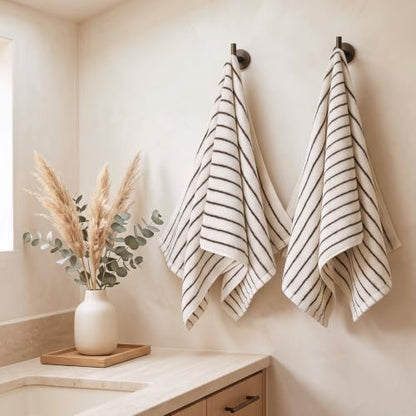 Cream & Brown Striped Bathroom Hand Towels 2-Piece Cotton Set - Jacquotha