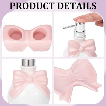 Pink Ceramic Bathroom Accessories Set with Bow - Soap Dispenser Toothbrush Holder & Soap Dish