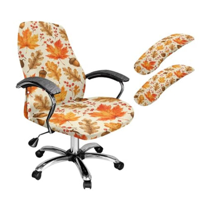 Beige Maple Leaf Acorn Print Office Chair Cover Set with Armrest Protectors - Large