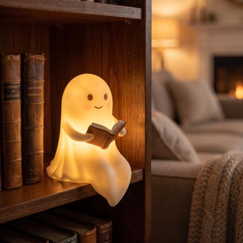 Cute Ghost Reading Book Halloween Ornament - Light Up Indoor Decor