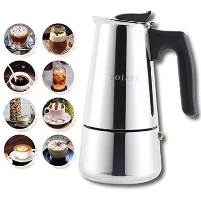 YOLIFE Stovetop Espresso Maker, Italian Moka Pot, 6 Cups/ 300 ml/10 oz (espresso cup=50ml) Stainless Steel Greca Cafe Maker Suitable for Induction Home Office Camping Cookers