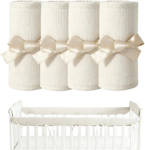 Baby Crib Rail Guard Cover, Adjustable Cotton Gauze Bed Edge Protector - White
