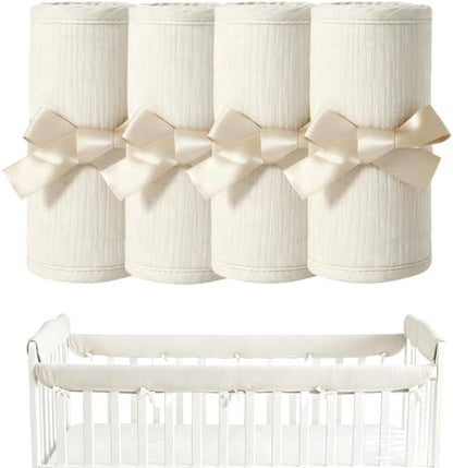 Baby Crib Rail Guard Cover, Adjustable Cotton Gauze Bed Edge Protector - White