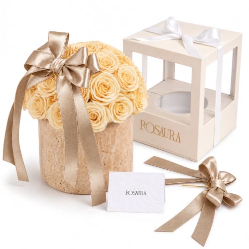 Golden Champagne Preserved Roses in Natural Yellow Travertine Vase - Gift Box