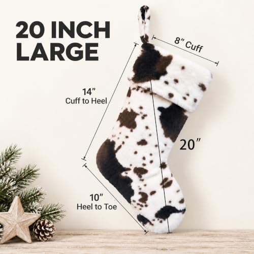 Cow Print Christmas Stockings Set of 5 - Faux Fur Farmhouse Holiday Decor - 20 Inch