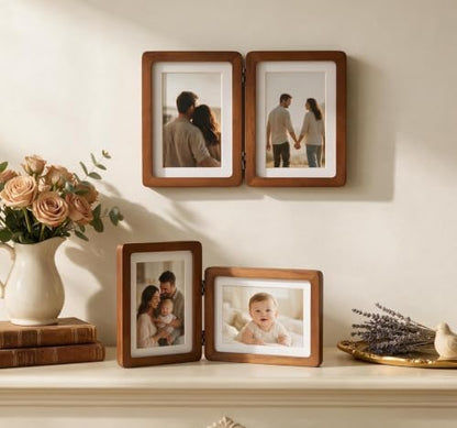Walnut Hinged Double Picture Frame 2.5x3.5 with Real Glass - Free-Standing Tabletop Display