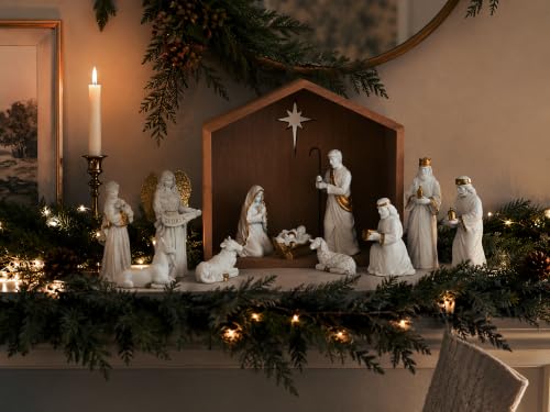 White 12-Piece Nativity Scene Set with Wooden Stable - Religious Holiday Decor