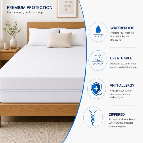 Water-Resistant Mattress Protector Cover Queen Size 10-14 Inch - White