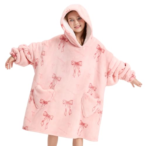 Kids Wearable Blanket Hoodie Pink Bow Oversized Cozy Winter Gift