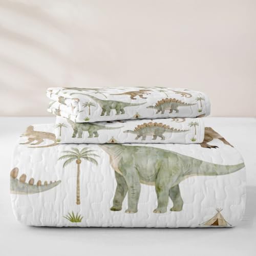 Kids Dinosaur Quilt Set Twin Green White Jungle Dinos Bedspread Lightweight Bedding