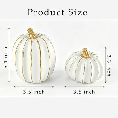 White Pumpkin Decor Set - 2 Resin Fall Pumpkins with Gold Accents