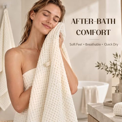 Cream Waffle Cotton Bath Towels 2 Pack, 27x55 Inches - Absorbent & Soft
