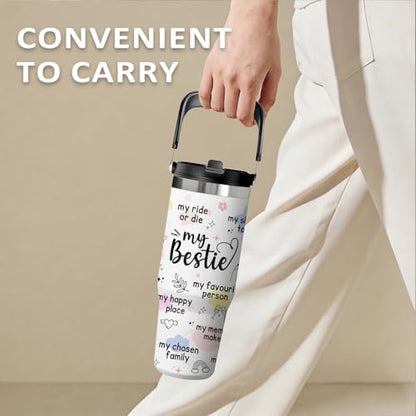 Bestie Tumbler 30oz - Friendship Gift for Women, Stainless Steel Insulated Cup with Handle