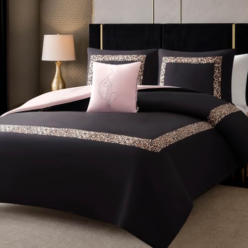 Baby Phat Leopard Hotel Border Comforter Set - Full/Queen, Reversible Microfiber, Black & Pink