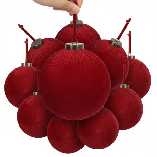 Velvet Christmas Balls Ornaments - Dark Red, 6 Inches, 9 Pack - Holiday Decor