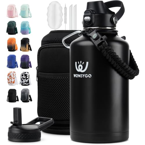 Premium 64oz Insulated Water Bottle Leak Proof with Carrier Bag - Black
