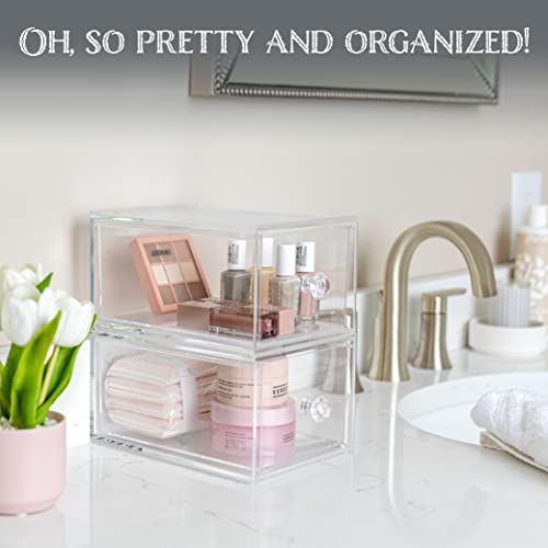 Oizeir Acrylic Drawer Organizer 2-Pack – Clear Stackable Storage Drawers for Makeup, Skincare, Vanity, Bathroom, Under Sink, Kitchen & Office – Non-Slip, Durable, Multi-Purpose Organizer Bins