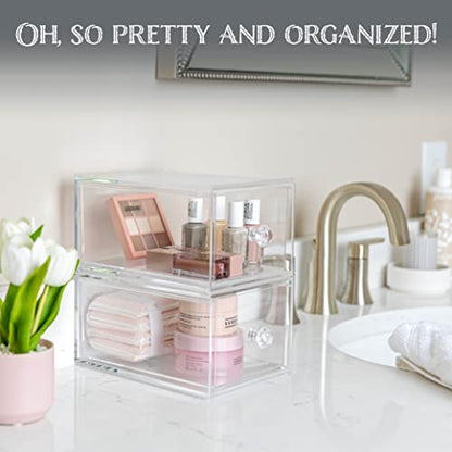 Oizeir Acrylic Drawer Organizer 2-Pack – Clear Stackable Storage Drawers for Makeup, Skincare, Vanity, Bathroom, Under Sink, Kitchen & Office – Non-Slip, Durable, Multi-Purpose Organizer Bins