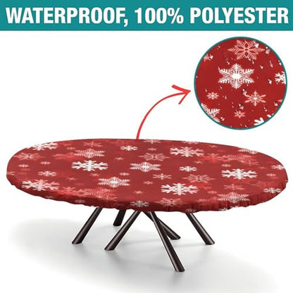 Christmas Snowflake Elastic Fitted Tablecloth - Red & White Xmas Oval Cover 48x68"