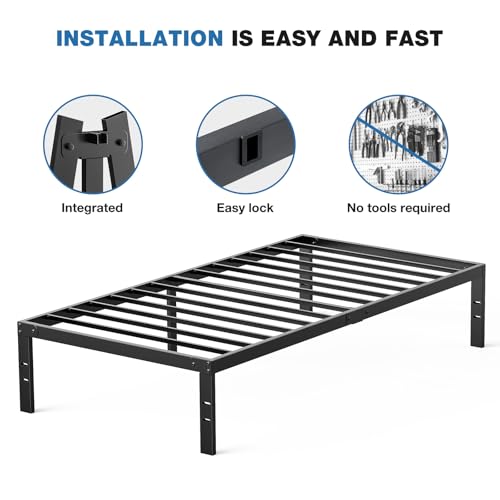 OLIXIS Metal Twin Bed Frame - 14in High with Storage Space, No Box Spring Needed with Sturdy Steel Slat Support, 800LBS Heavy Duty for Easy Assembly, Black for Bedroom