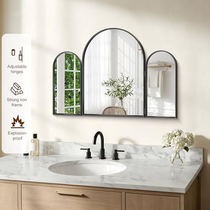 Black Arched Trifold Vanity Mirror 36x24 Inch Wall & Tabletop Makeup Mirror
