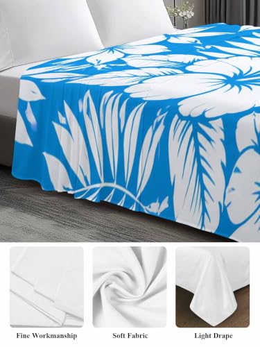 King Flat Sheet Hibiscus Flowers Blue Tropical Monstera Leaves Microfiber Bedding