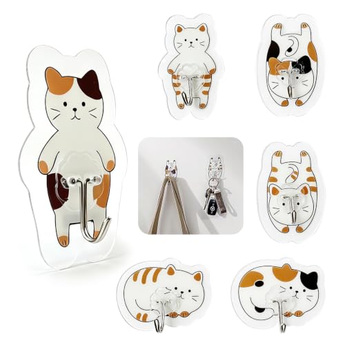 6 Pack Waterproof Decorative Adhesive Hooks - No Drill, Cat Design