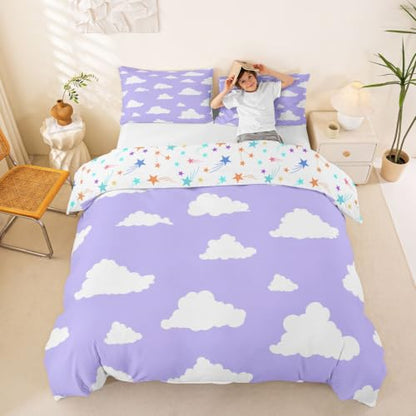 Full Size Cloud Duvet Cover Set with Pillowcases - Purple & White Cartoon Clouds, Kids Bed Bedding, No Comforter, Variation: White & Purple