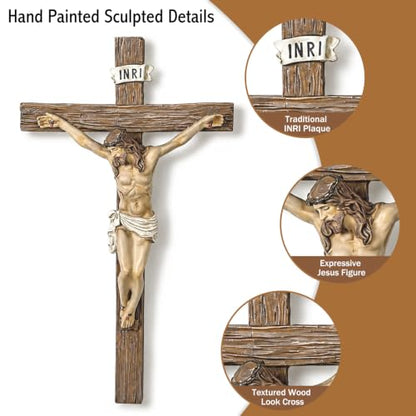 Catholic Wall Cross - Hand-Painted Jesus Christ Crucifix 9.5 Inch Wall Art