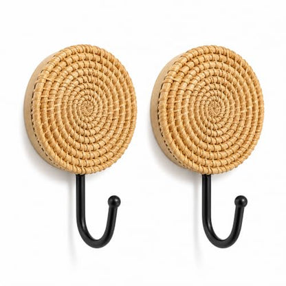 Large Woven Rattan Wall Hooks Set - Boho Coat & Hat Hangers, 2 Pack