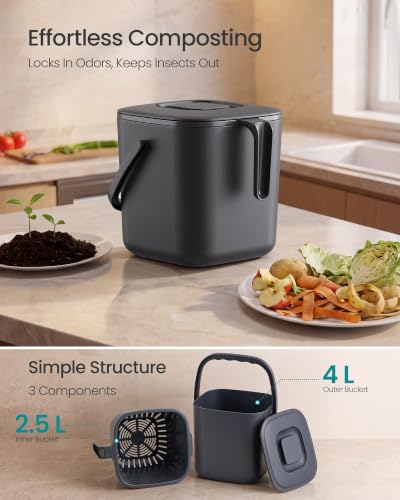 Dark Gray 1-Gallon Compost Bin with Strainer Basket for Kitchen Countertop
