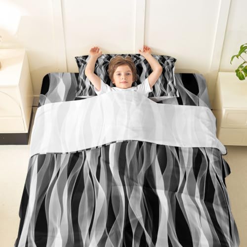 Kids Twin Sheet Set - Grey White Black Gradient Abstract Wavy Ribbon Design