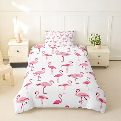 Pink and White Flamingo Duvet Cover Toddler Size Tropical Animal Bedding Set - Breathable Microfiber, No Comforter