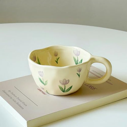 Purple Tulip Floral Ceramic Mug - Creative Aesthetic Coffee Cup for Gift & Home