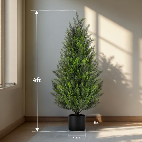 4FT Artificial Cedar Tree with Black Round Planter - UV Resistant Faux Evergreen for Indoor Outdoor