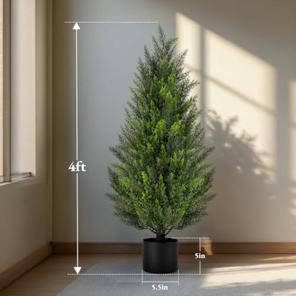 4FT Artificial Cedar Tree with Black Round Planter - UV Resistant Faux Evergreen for Indoor Outdoor