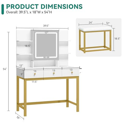 Vanity Desk Set with Mirror, Lights & Outlets - Ivory White