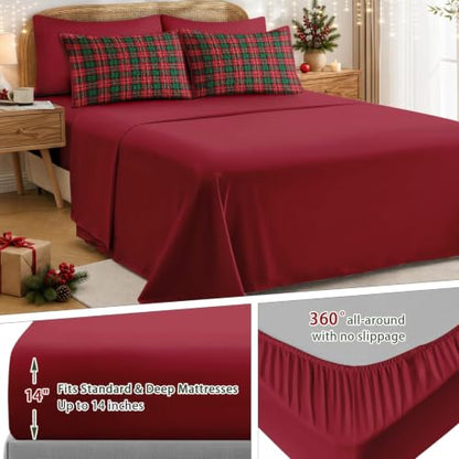 Queen Christmas Quilt Set with Plaid Pattern - 7 Pieces Red Green Bedding - Holiday Bedspread