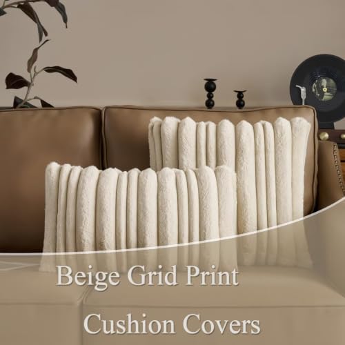 2 Pack Beige Faux Rabbit Fur Throw Pillow Covers 12x20 Inches - Cozy Home Decor