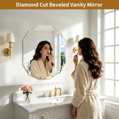 Oval Beveled Bathroom Mirror 24x30 Inch Frameless Wall Mirror - Diamond Cut Edges