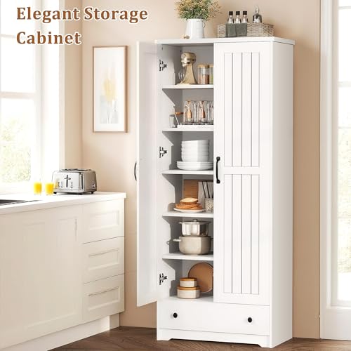 Tall White Storage Cabinet with Adjustable Shelves - 70 Inch Kitchen & Home Pantry
