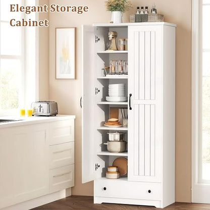 Tall White Storage Cabinet with Adjustable Shelves - 70 Inch Kitchen & Home Pantry