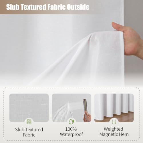 eachope Waterproof Slub Fabric Shower Curtain 71x74 in with Magnetic Weights - White