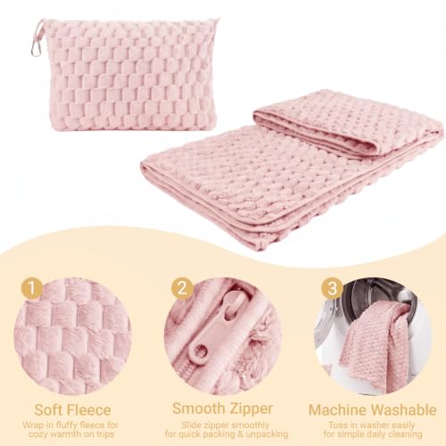 Pink Travel Blanket with Bag - Soft Fleece Portable Airplane Throw